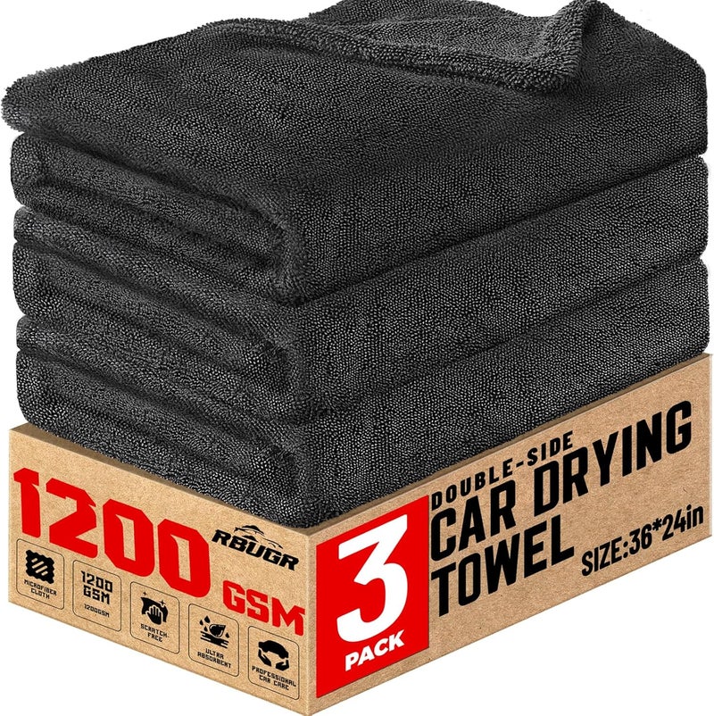 RBUGR Microfiber Towels for Cars, 3 Pack Dual Sided Drying Towels Car Detailing， 1200GSM Car Drying Towel(24″x 36″), Ultra Absorbent Car Cleaning Towel, No Streak or Scratch, Machine Washable - Image 1